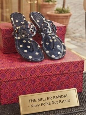 Tory Burch Miller Sandals feature a Navy Polka Dot Patient Leather, Sz 10